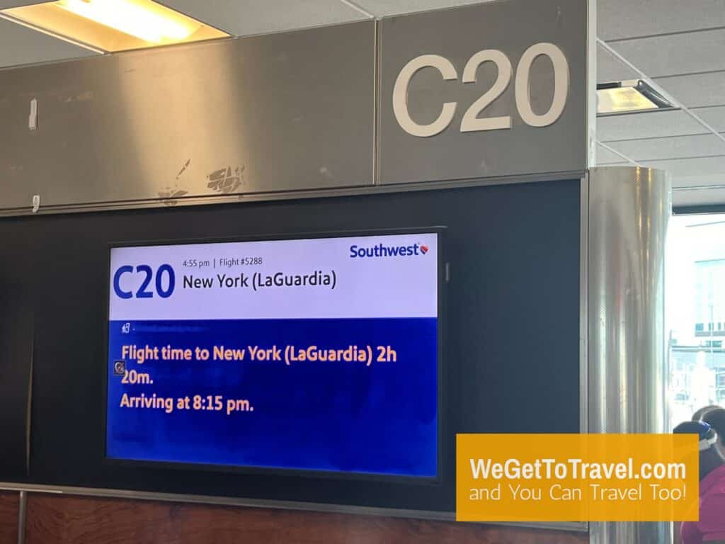 Nashville Airport gate c20 sign for WN Flight to LGA