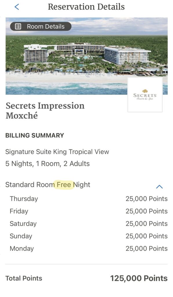 Screenshot showing 5 nights at Secrets Impression Moxche for free on 125,000 Hyatt points
