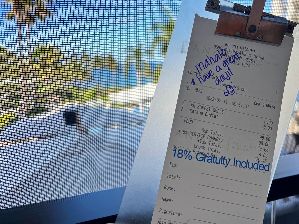 $120 bill for Hyatt Globalist breakfast at Andaz Maui includes handwritten note that says Mahalo & have a great day!