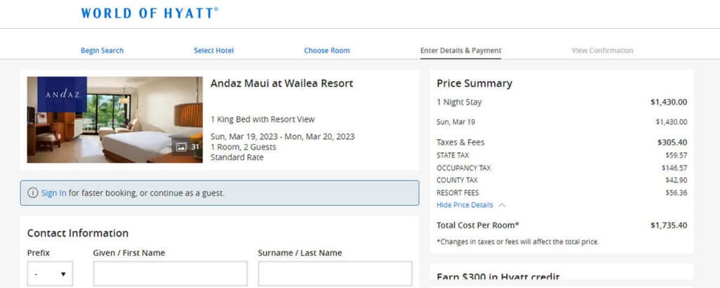 screenshot of cash price during checkout for the Andaz Maui