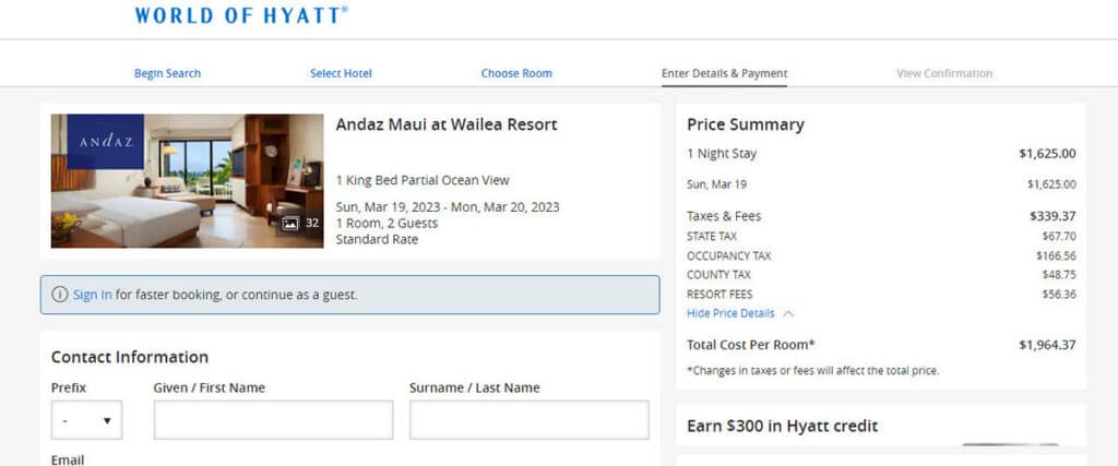 screenshot of price summary for the Andaz Maui