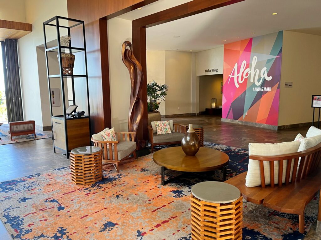 Lobby seating and Aloha #ANDAZMAUI selfie wall.
