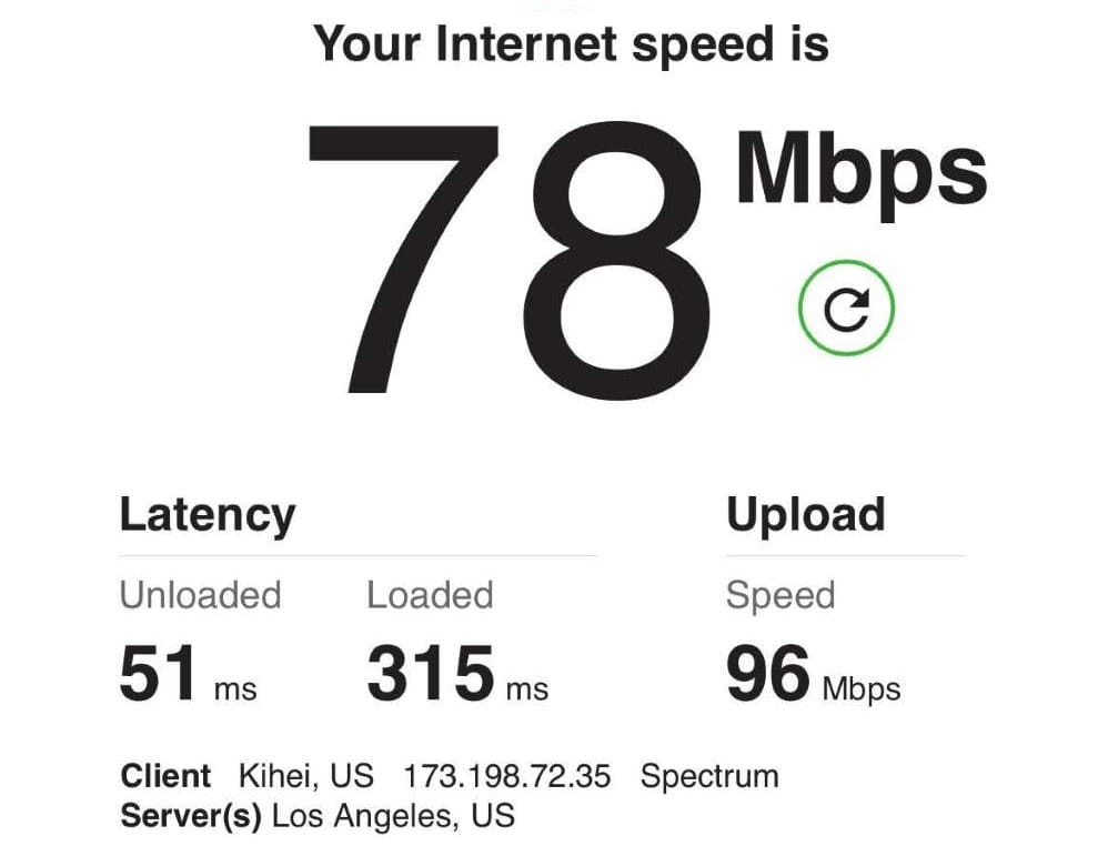 screenshot showing 78MBPS wifi speed at the Hyatt Andaz Maui.