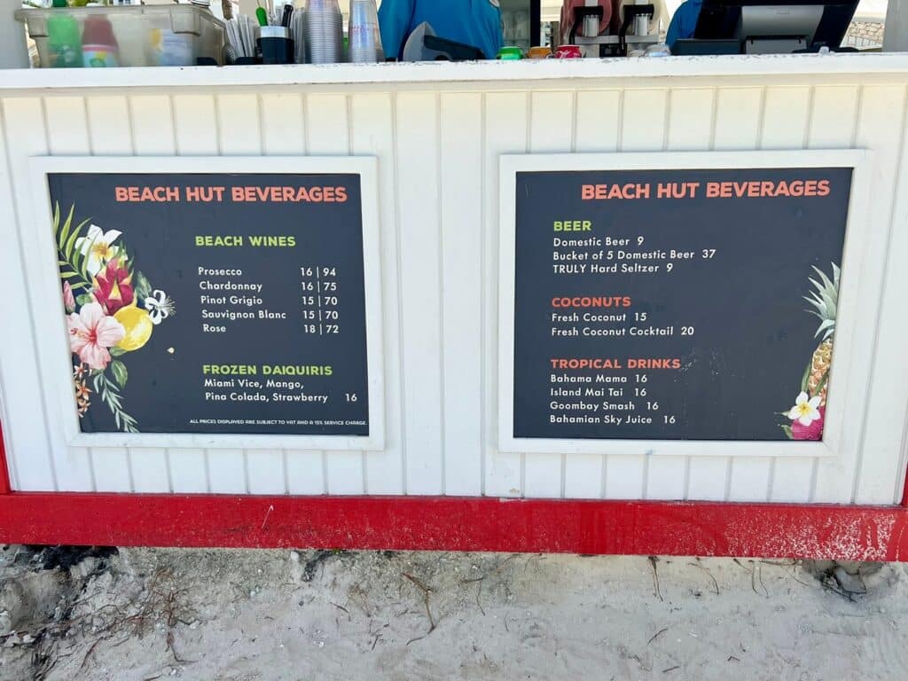 Price sign at Beach Hut with beer & Truly for $11.25 and mixed drinks for $20 (after tax & fees).