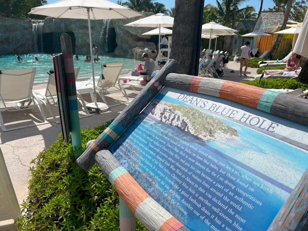 Sign at Dean's Blue Hole Pool at Baha Mar resort in Nassau Bahamas