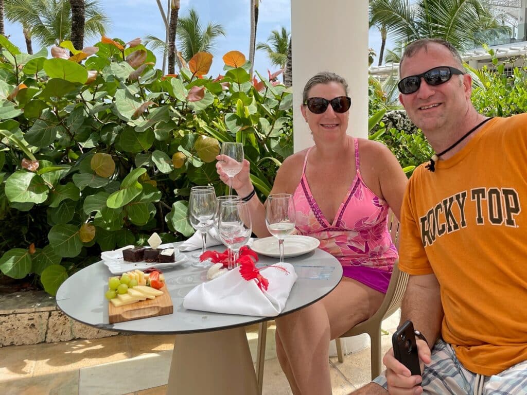 Ross & Zuzu at the free wine tasting at Bahia Principe Luxury Ambar in Punta Cana, DR.