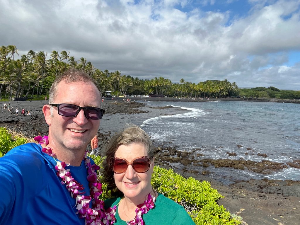 Ross and Sandra Jones at Panaluu Black Sand Beach Park on Big Island of Hawaii
