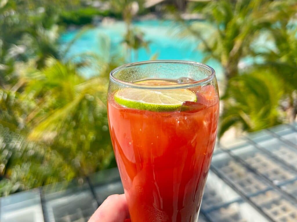 Bloody Mary with Secrets Moxche palm trees in the background