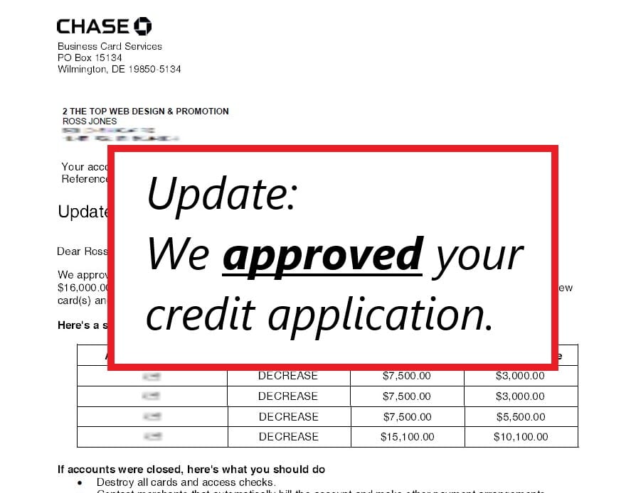 letter from Chase Bank after reconsideration call stating "Update: We have approved your credit application."