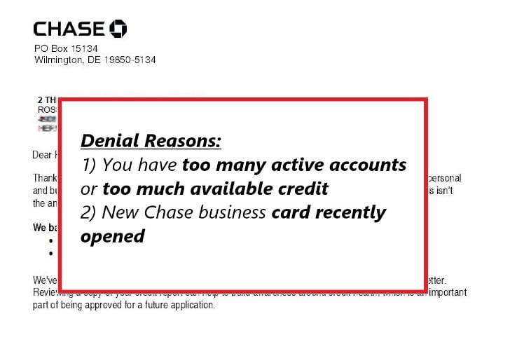 Rejection letter for Chase Ink Business card with highlight showing the 2 denial reasons in the letter