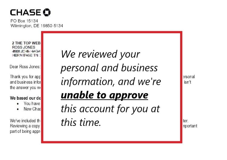 Rejection letter for Chase Ink Business card, highlight that they are "unable to approve"