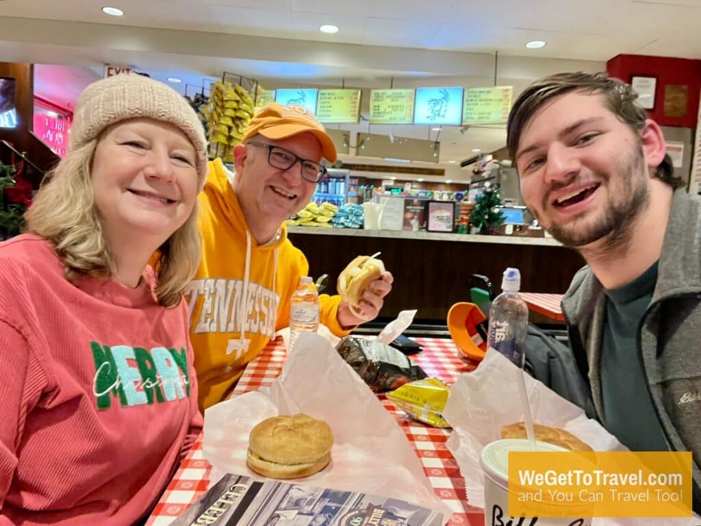 Ross, Sandra and Trent eating cheeseburgers at Billy Goat Tavern