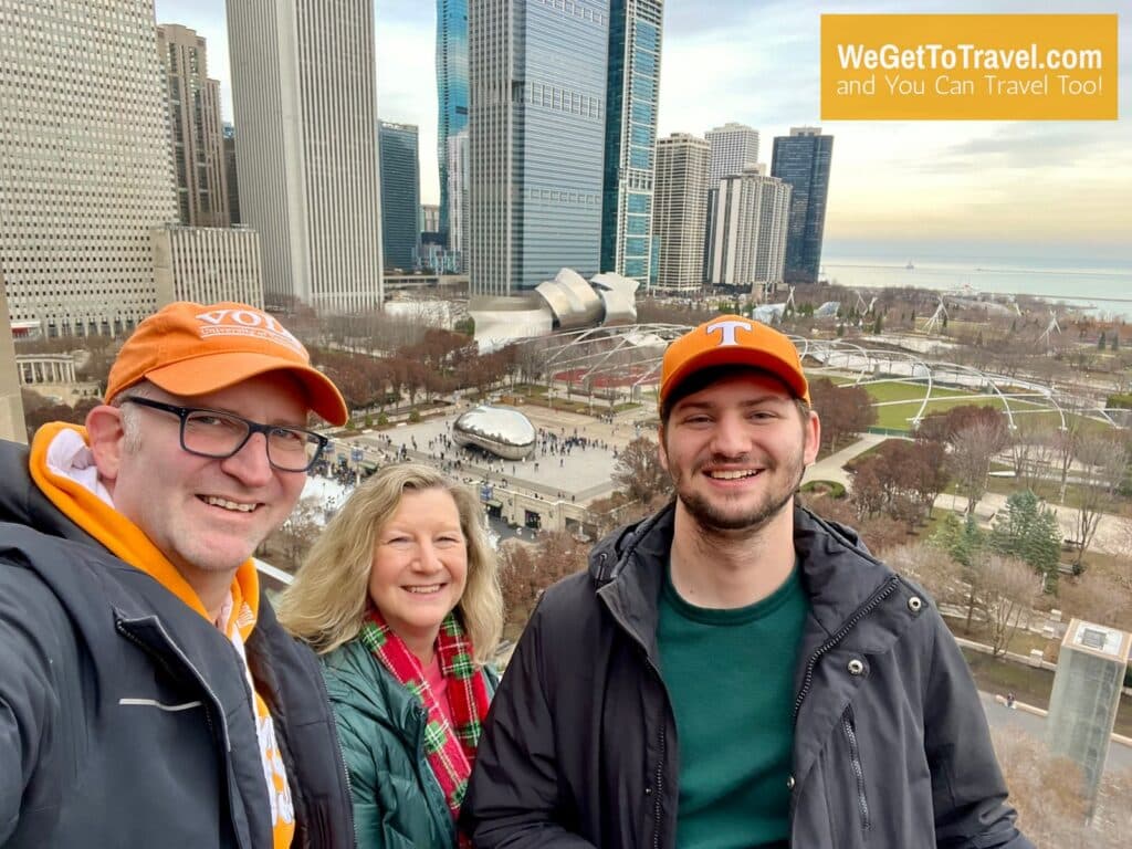 Ross, Sandra and Trent on the patio outside Cindy's restaurant at Chicago Athletic Association hotel with the Bean sculpture in the background