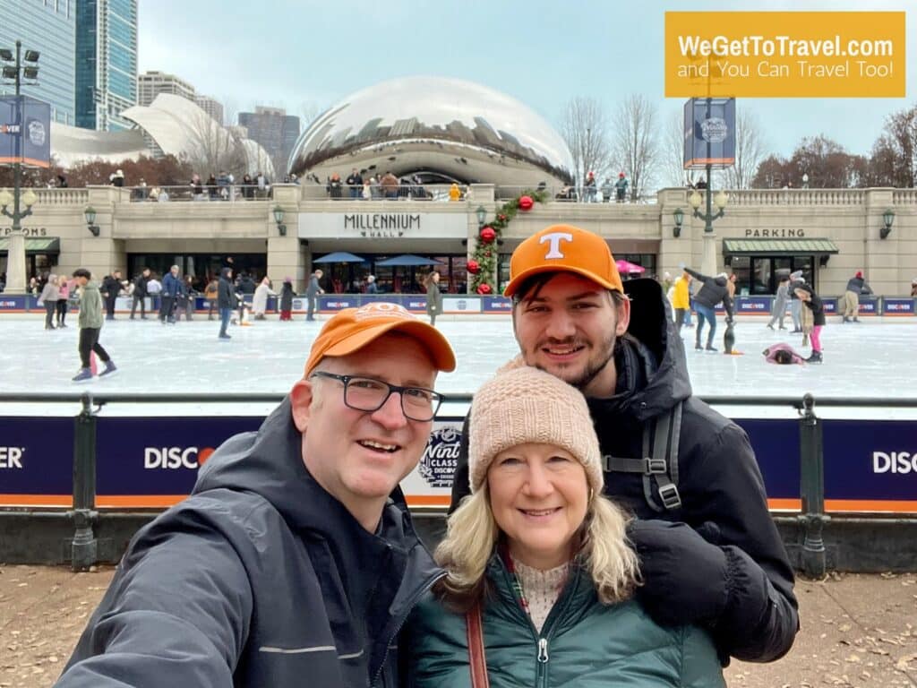 Ross, Sandra and Trent in front of ice skating rink at Chicago Millennium Park with the Bean during the holiday season