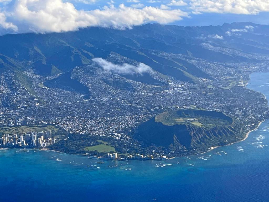 view from airplane of Waikiki Beach and Diamondhead