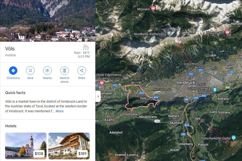 Google Map showing Völs, Austria right next to Innsbruck