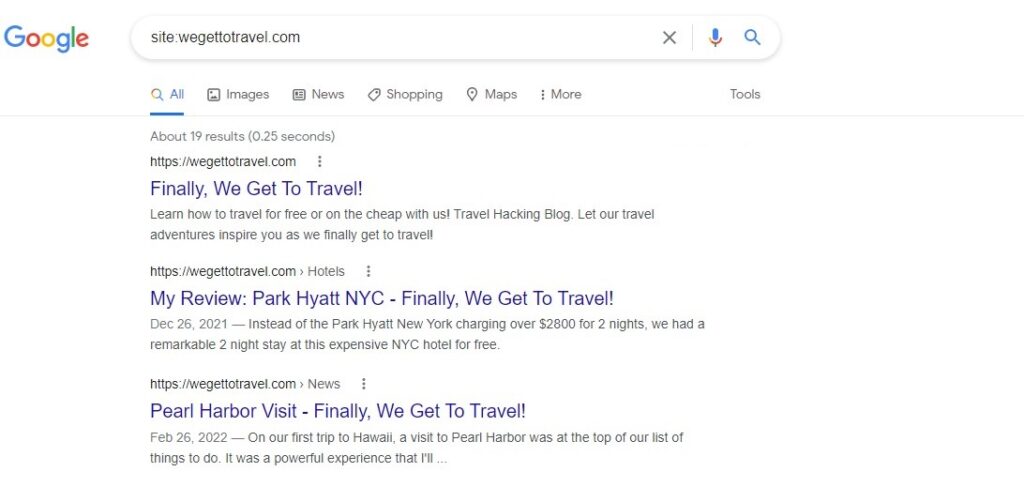 screenshot of google search for site:wegettotravel.com