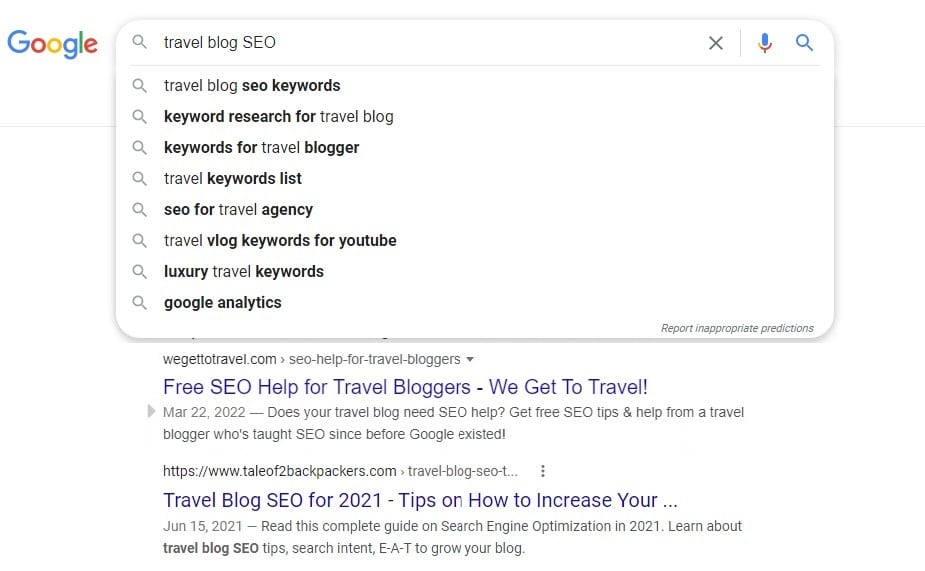 Google search engine results page for travel blog SEO