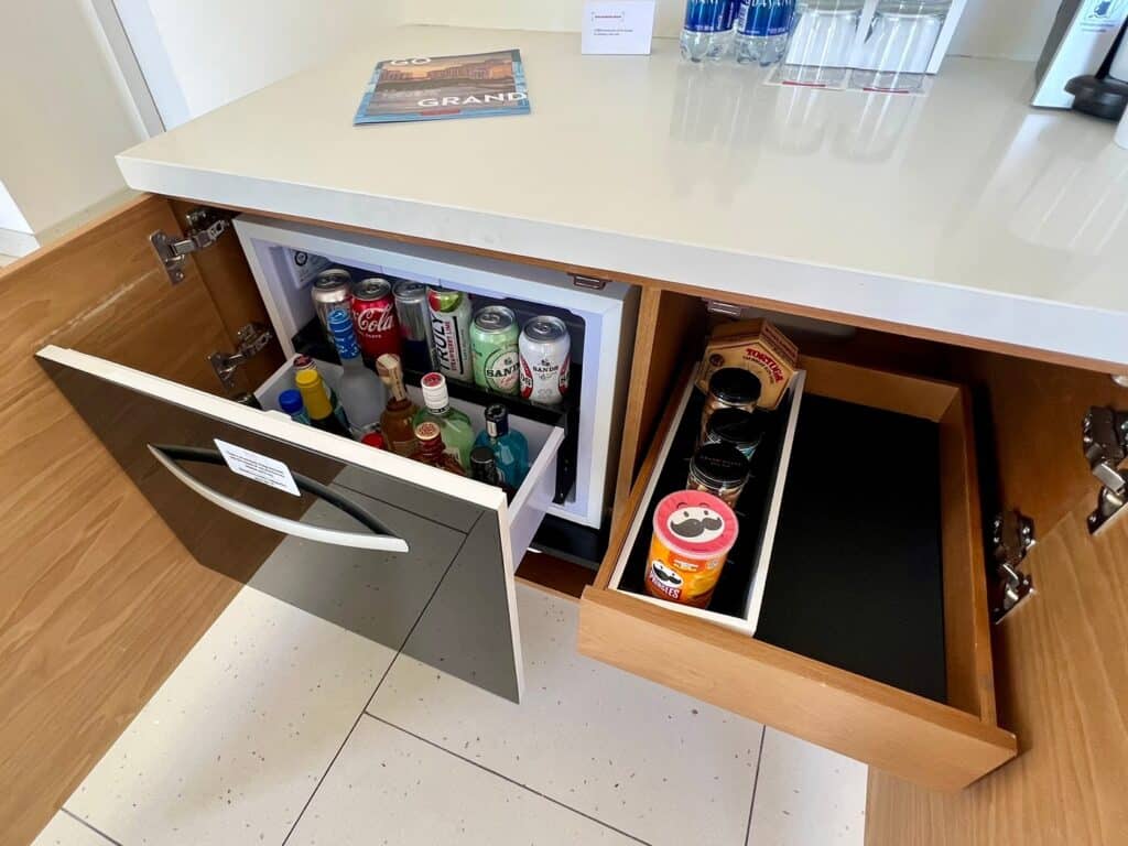 Mini bar with drinks and snacks for sale