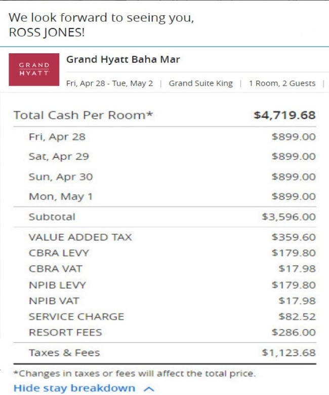 Screenshot showing cash price of our room would have been $4719.