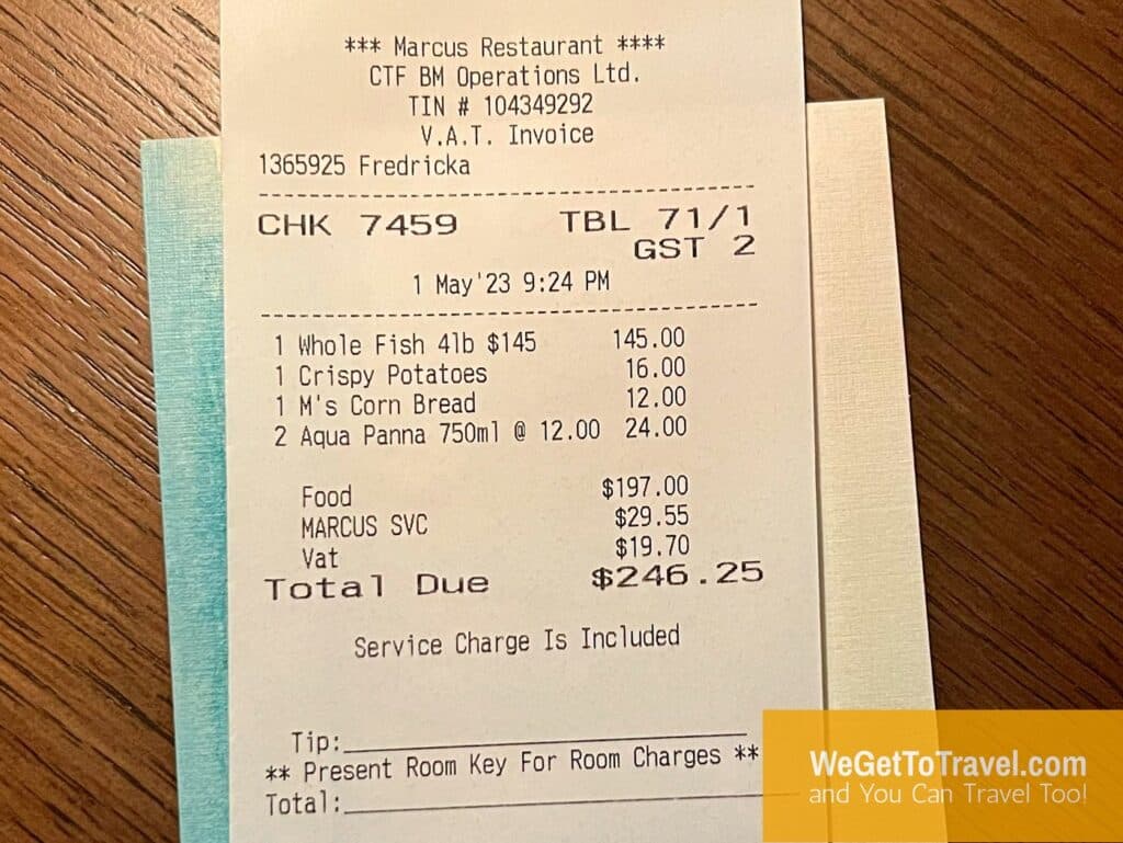 Bill for $246 dinner at Marcus Restaurant on Baha Mar resort