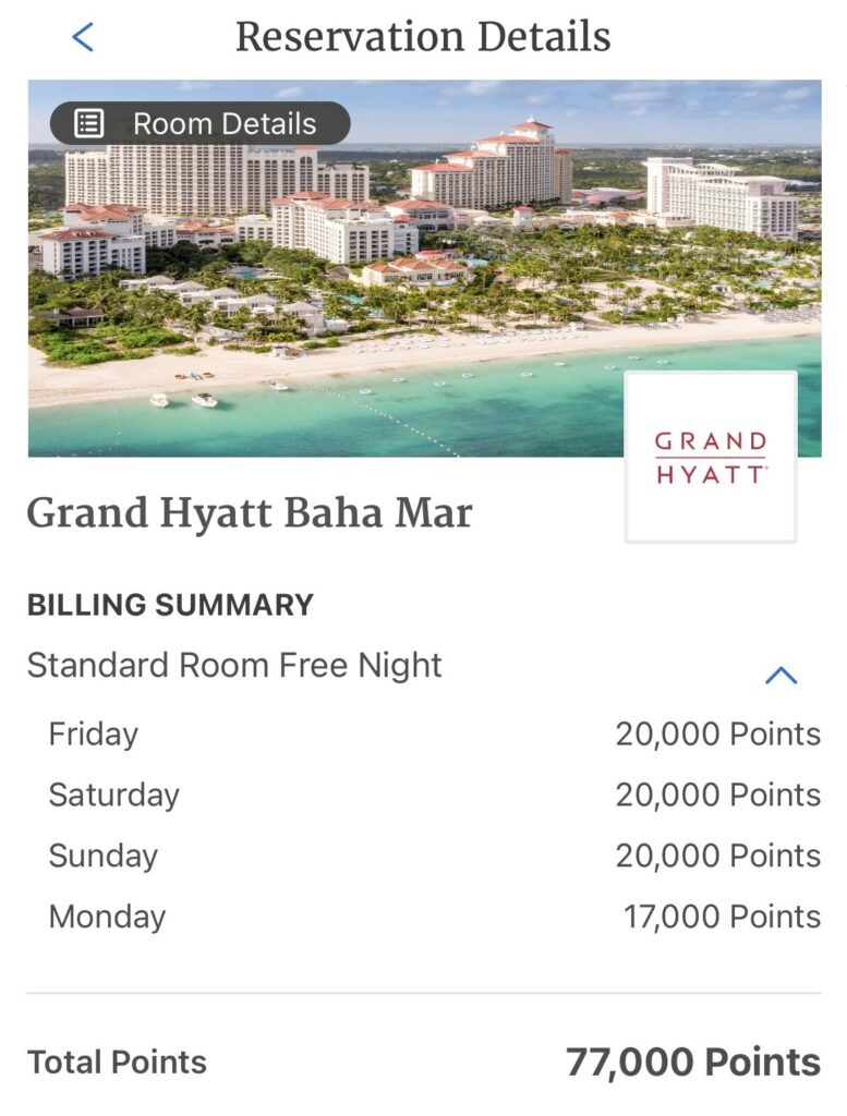 Screenshot showing we paid 77,000 Hyatt points to get our free room at Grand Hyatt Baha Mar