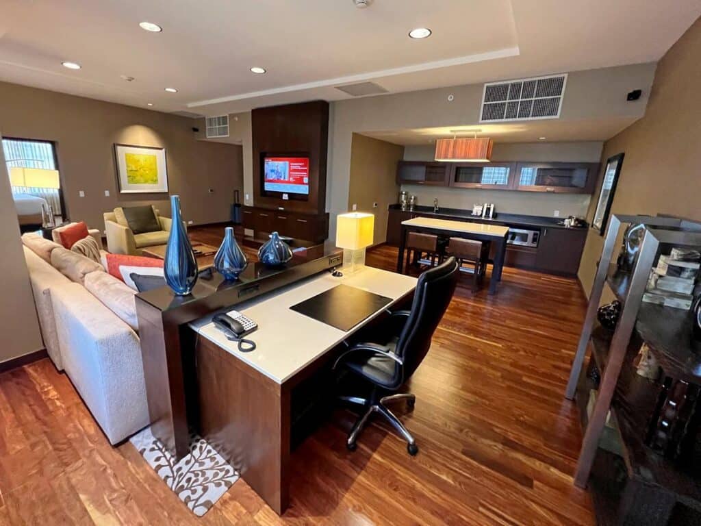 living room and kitchen of the $1800 suite at Grand Hyatt Denver which we got as a free upgrade