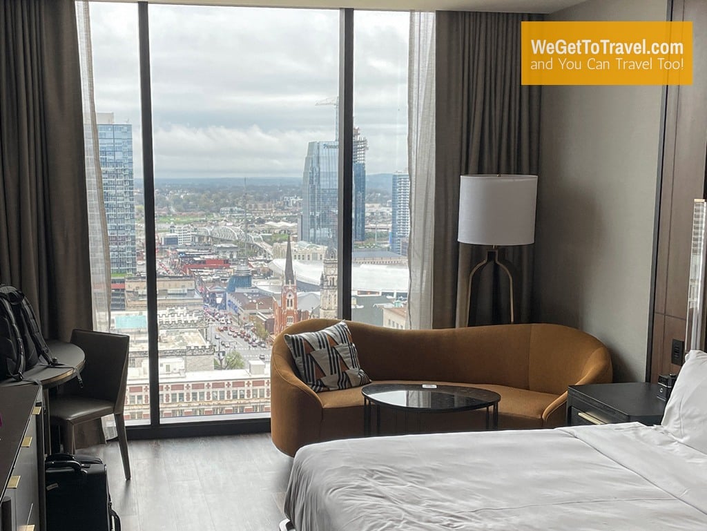 Grand Hyatt bedroom with Nashville skyline in background