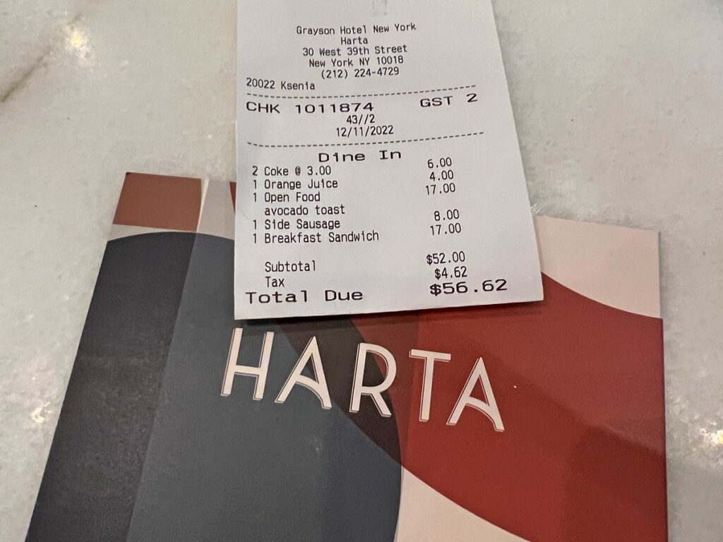 check for $56.52 for breakfast at Harta Restaurant in the Grayson Hotel in NYC