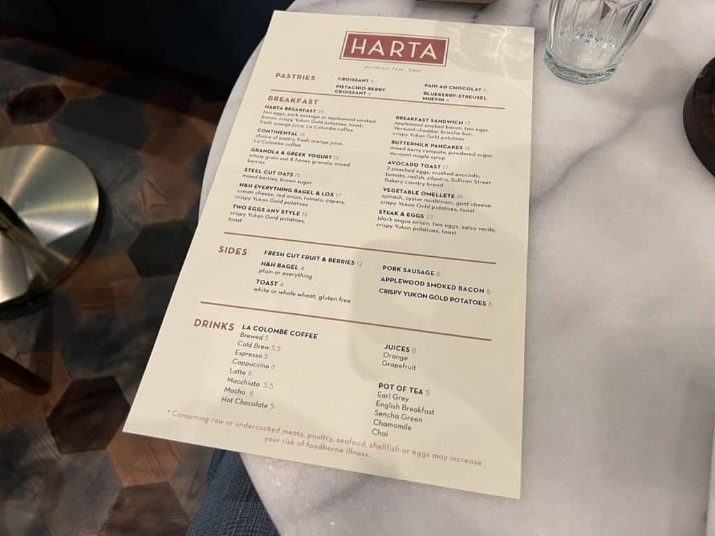 Breakfast menu for Harta restaurant in Grayson Hotel