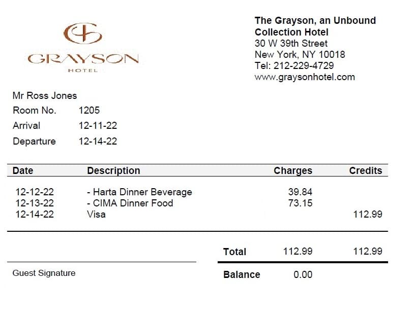 Bill for our stay at the Hyatt Grayson Hotel in NYC. Total $112.99