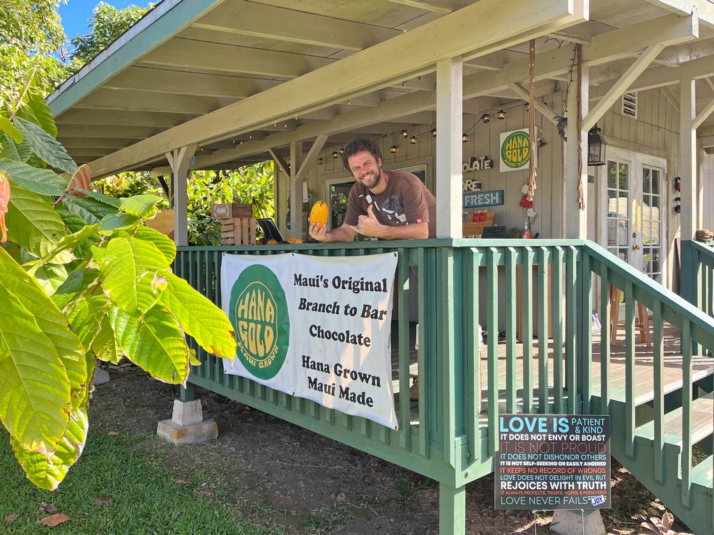 Aldon Frost at Hana Gold Chocolate farm on Road to Hana on Maui in Hawaii