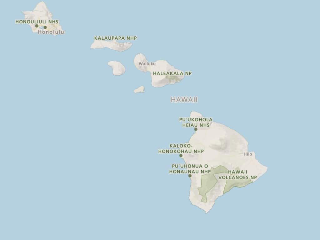 map of Hawaiian islands showing Hawaii Volcanoes National Park on the Big Island of Hawaii