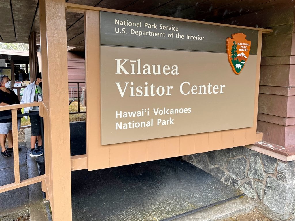 Kilauea Visitor Center sign in Hawaii Volcanoes National Park