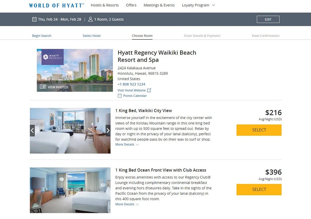 Prices for different rooms at Hyatt Regency Waikiki Beach in Honolulu