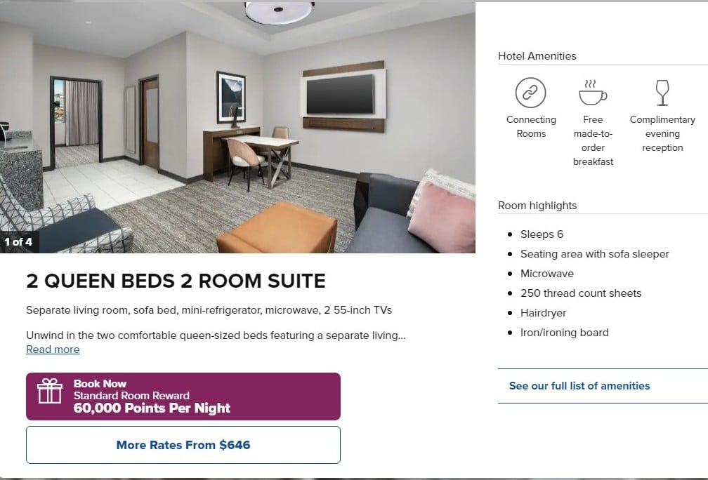 screenshot of Embassy Suites Knoxville room for 60000 points per night
