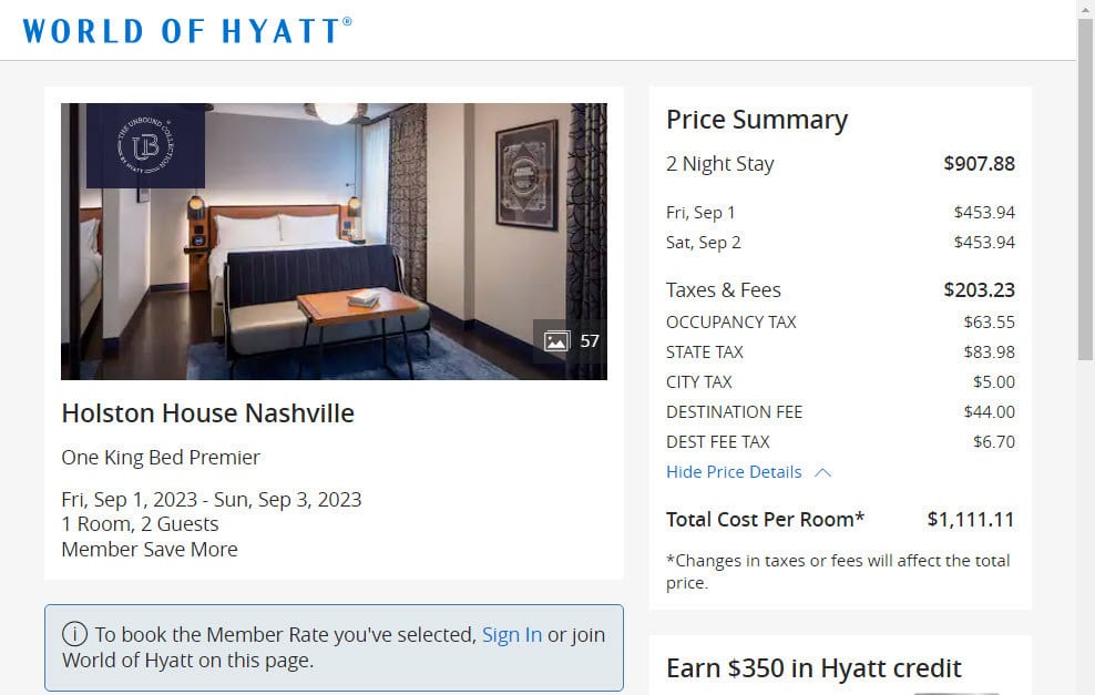 holston house nashville rate for 2 night stay is $1111