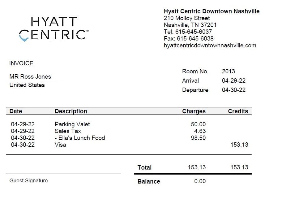Hyatt Centric Nashville bill.