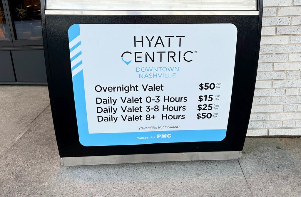 Sign with Hyatt Centric Downtown Nashville valet parking prices.