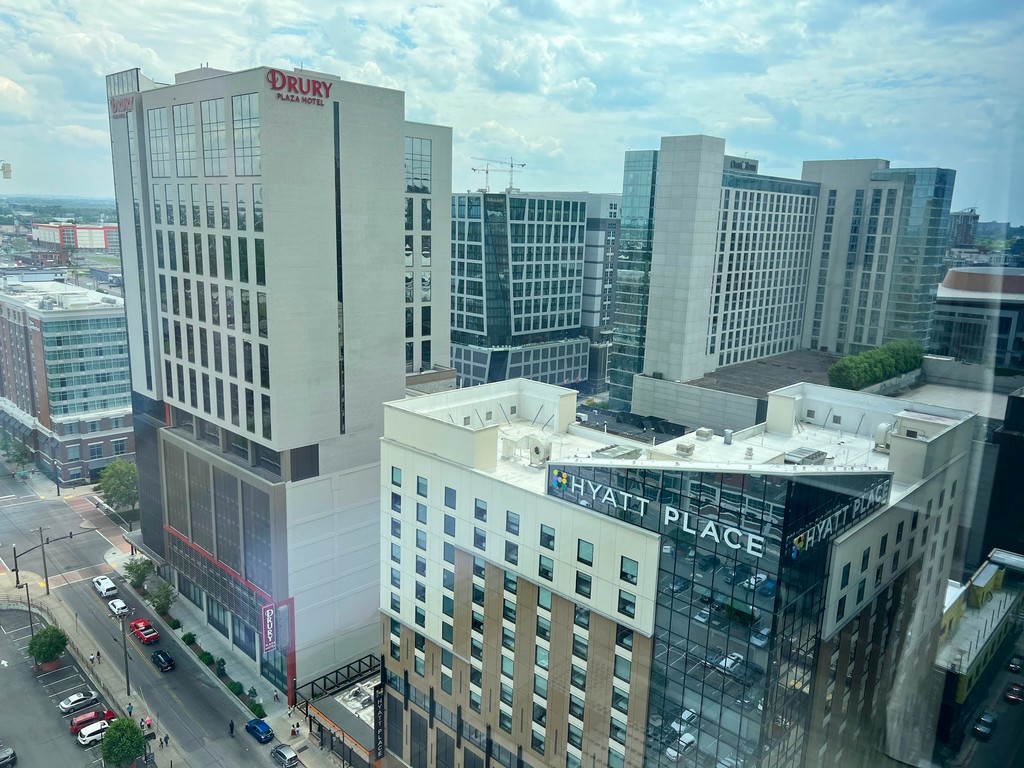 View from 20th floor of Hyatt Centric Downtown Nashville includes Drury, Hyatt Place and Omni hotels