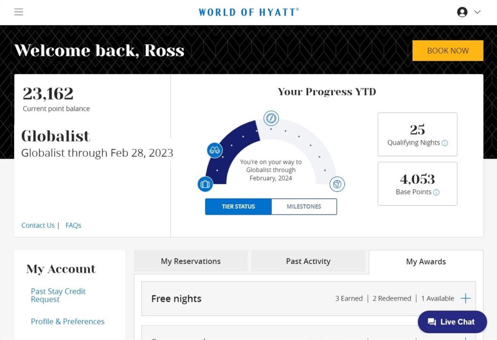 screenshot of World of Hyatt loyalty program dashboard