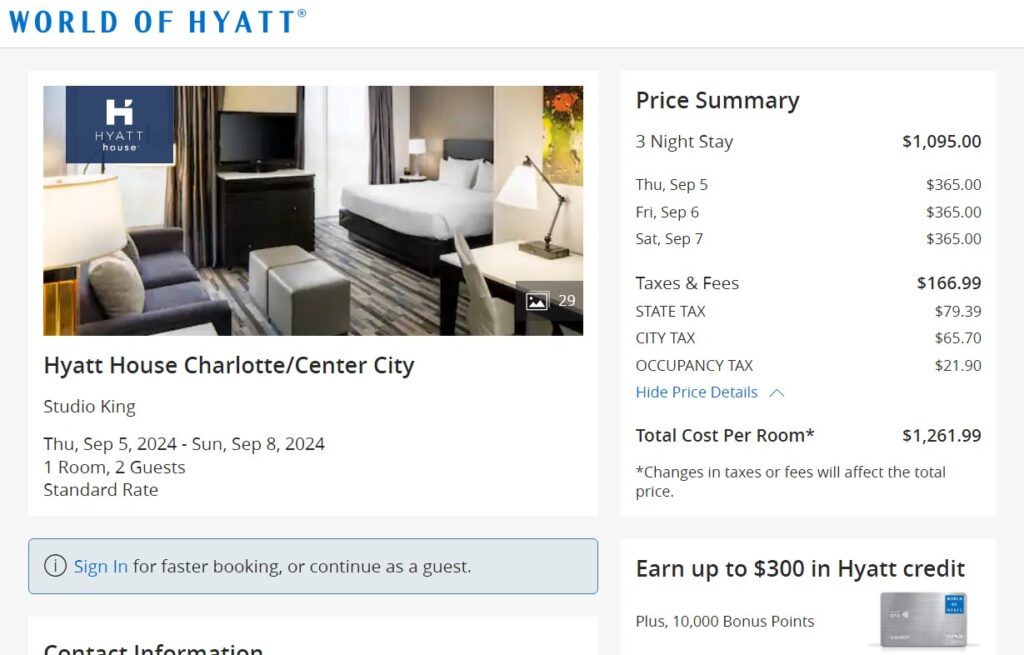 screenshot from hyatt.com showing price for Hyatt House Charlotte