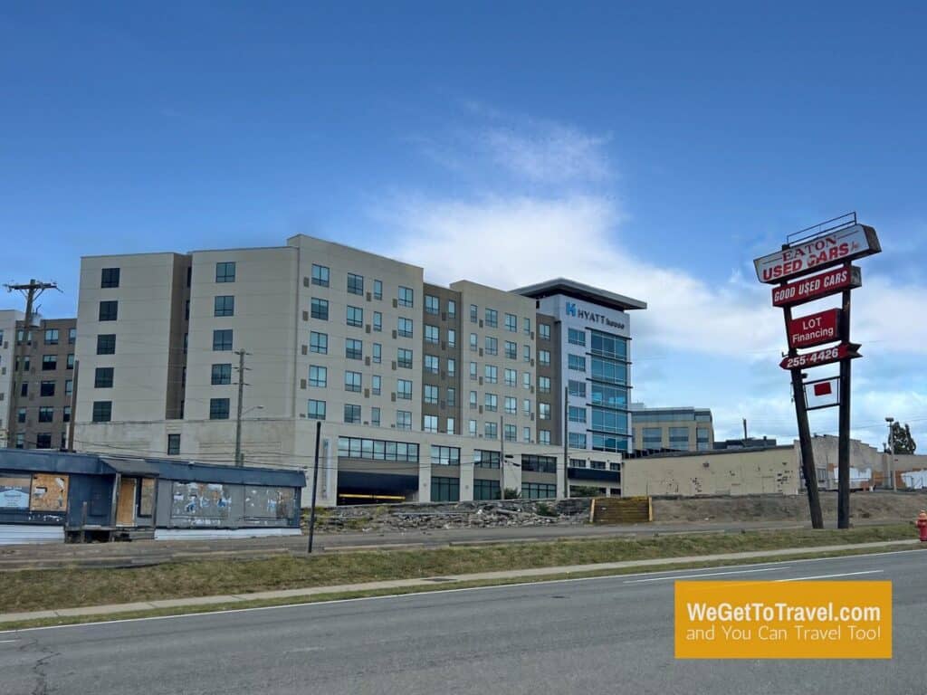 Hyatt House surrounded by empty lots and buildings