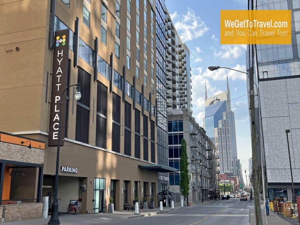 exterior view of Hyatt Place downtown Nashville with Batman building in background