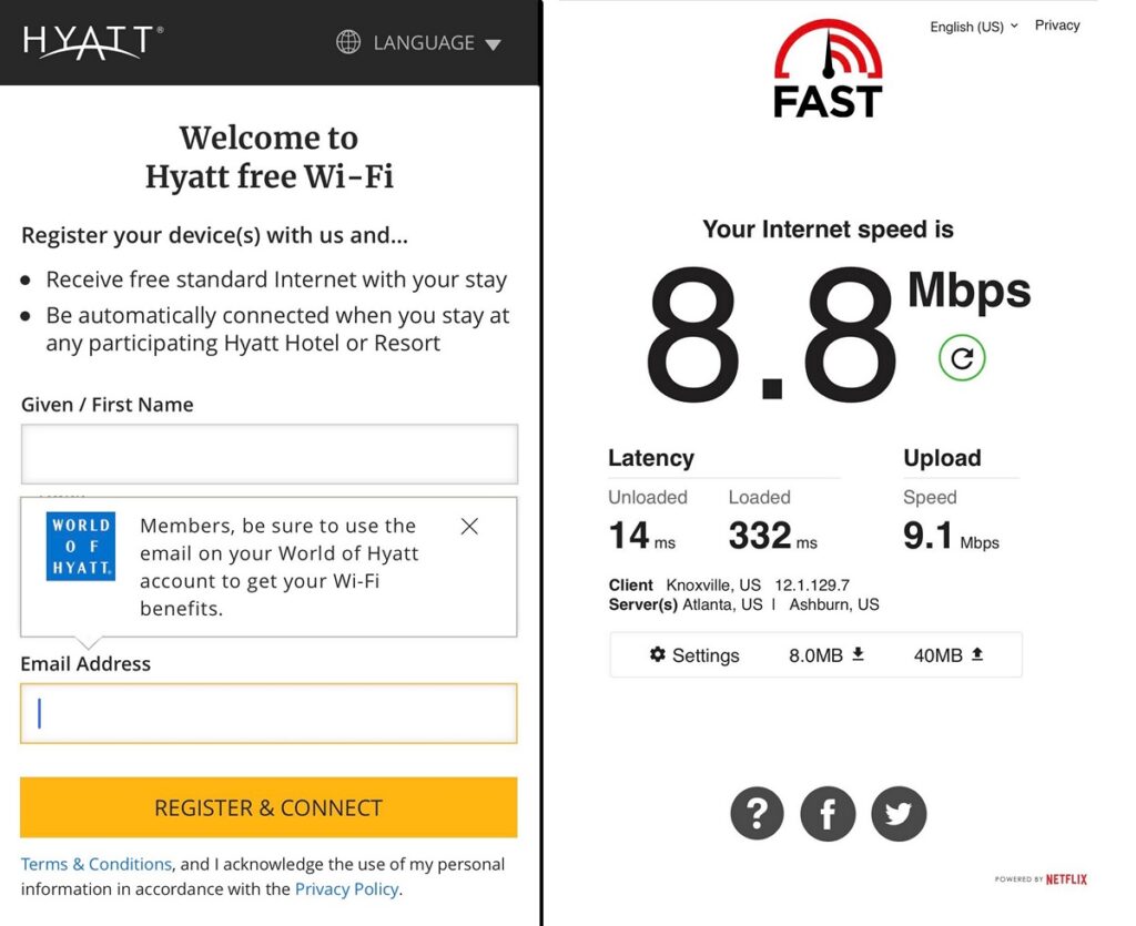 screen shots of Hyatt wifi login and speed test of internet connection