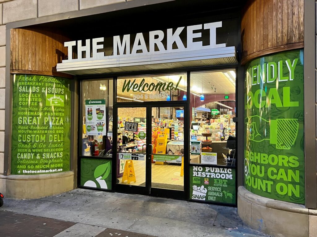 front door of The Market convenience store in downtown Knoxville on Gay Street