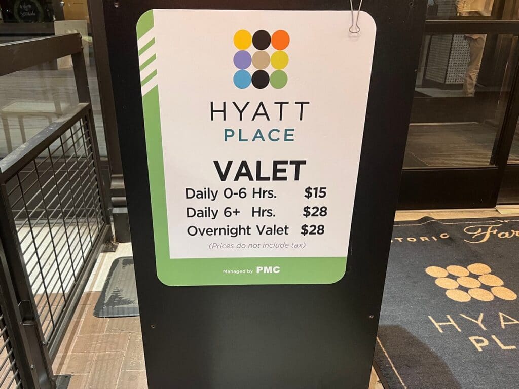 Sign for Overnight valet parking at the Hyatt Place Knoxville for $28.