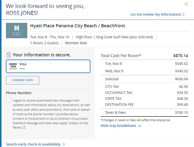 SCREENSHOT OF Hyatt PCB cost for King Suite with View of Beach & Gulf. $870 for a 2 night stay