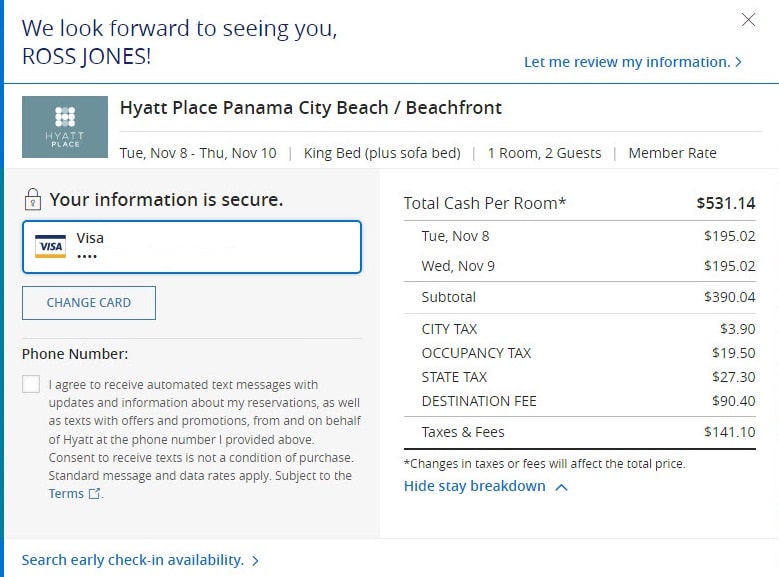 screenshot showing rate for Basic room $531 for 2 nights