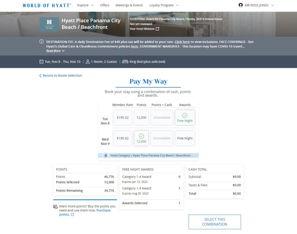 screenshot of Hyatt PCB Pay My Way options